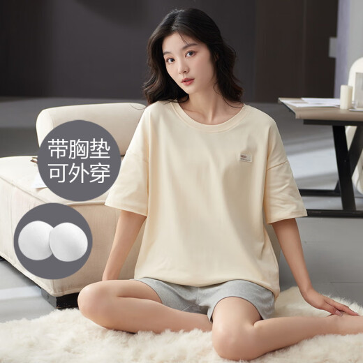 娇彩梦带胸垫睡衣女夏款100%纯棉短袖短裤薄款青少中年大码家居服套装 M1349 XL （建议115-130斤）