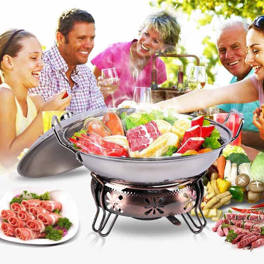 Shen Fu stainless steel hot pot household liquid solid alcohol stove dormitory portable small dry boiler pot lid iron stove set stainless steel hot pot copper color 24cm