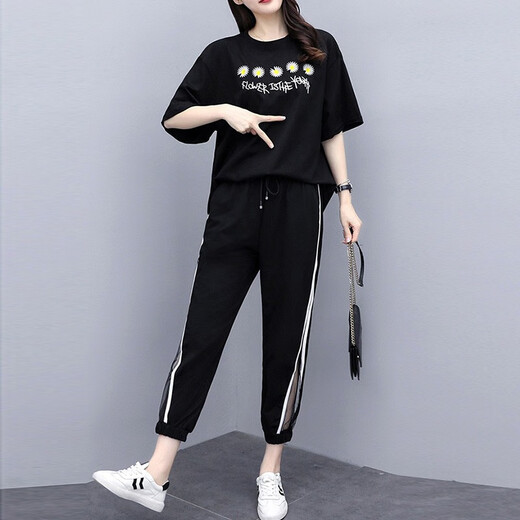 莎妮朵罗套装夏装新品显瘦款短袖T恤女裤子休闲运动服两件套15911 黑色 XL 建议100-120斤穿着