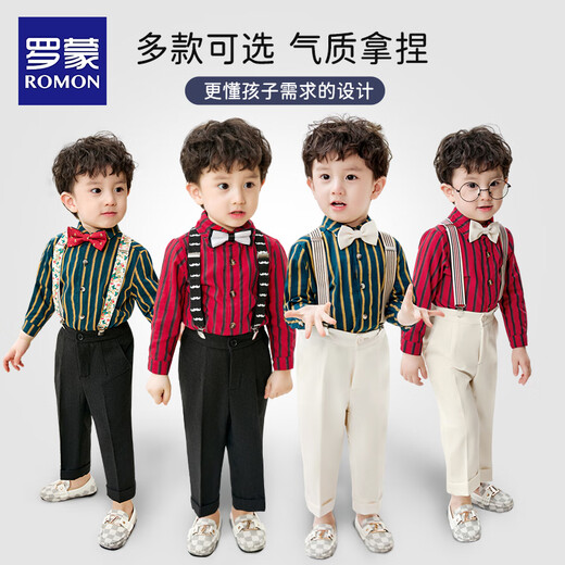 Romon boy suspender dress suit handsome British baby first birthday party suit boy flower girl suit long-sleeved shirt + beige trousers + suspender + bow tie 120