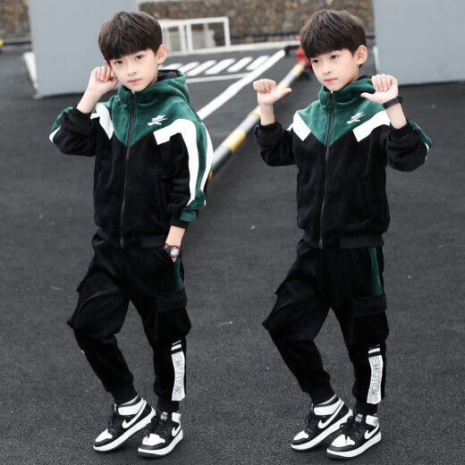 Arnita children's clothing boys' suit autumn and winter 2020 new children's gold velvet two-piece set plus velvet thickened coat pants for boys, autumn and winter models for older children 3-12 years old trendy green [plus velvet and thickened] 140 yards [recommended height is about 1.3 meters]