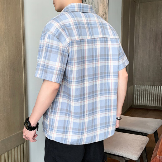 FORTEI short-sleeved shirt men's summer casual trend pure cotton Korean plaid shirt versatile trendy men's loose striped large size five-point shirt men's DXXCS888 blue XL