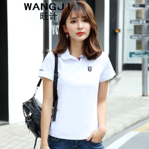 Wangjixia collared sports t-shirt cotton short-sleeved lapel polo shirt women's collared half-sleeved top T-shirt loose casual women's style - royal blue M standard size