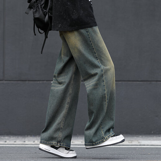 JEEP SPIRIT Men's Washed Distressed Jeans Boys Straight Leg Loose 2025 New Drapey Wide Leg Pants Men's Autumn and Winter 1047 Nostalgic Color XL