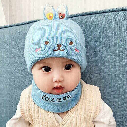 Jiuaijiu baby hat autumn and winter warm neck scarf set male and female baby ear protection knitted hat newborn children's hat rabbit blue