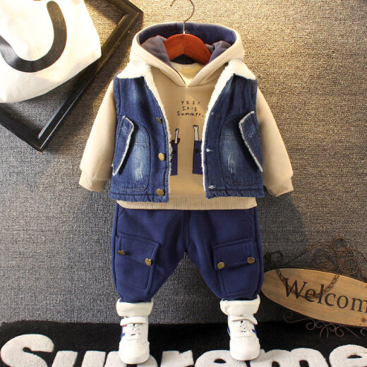New product 01-2-3-4 and a half year old male baby clothes winter infant plus velvet thickening suit children's autumn and winter clothing three-piece set fashion internet celebrity blue 110cm