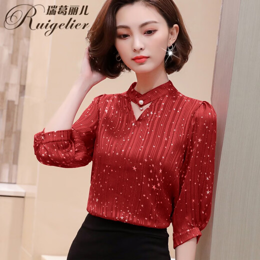 Rui Gelier chiffon shirt for women with three-quarter sleeves 2021 summer Korean style loose and slim printed commuting versatile V-neck shirt for women red 5808L [recommended 105-115 Jin [Jin equals 0.5 kg]]