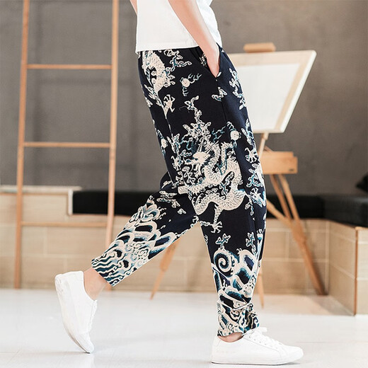 Sr. Guan Estilo chino Lino impreso Lo suelto Harem Harem Harem Retro Algodón Retro Algodón Summer Estilo delgado Mascas informales Long 319 Borgoña XL