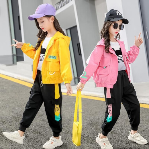 Children's clothing girls' autumn clothing set 2021 new style spring clothing medium and large children's sports coat children's spring and autumn fashionable casual school uniform little girl sweatshirt pants three-piece set 3-15 years old pink two-piece set 150 size [recommended height is about 1.4 meters]