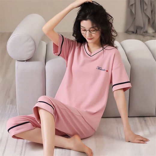 Langsha-Pyjama für Frauen im Sommer 2025 Neuer kurzärmeliger Anzug loser Frühling und Sommer können außerhalb von Heimkleidung getragen werden. Kurzärärmelte geschnittene Hosen 677 XL empfohlen 115-125jin [Jin ist 0,5 kg]