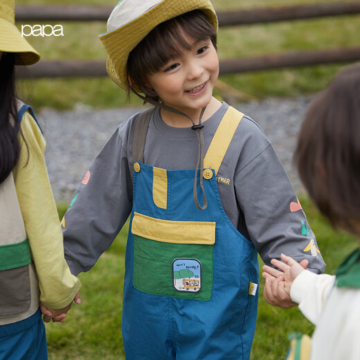 Papa crawl autumn new baby contrasting overalls overalls for boys and girls versatile fashionable casual pants blue 110 cm