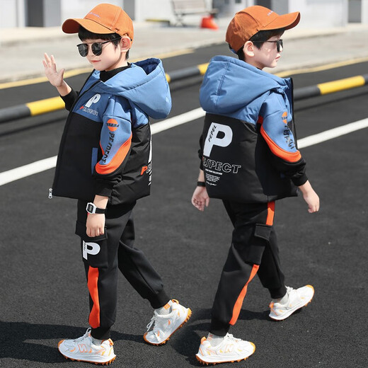 Three-piece set Monkey Brother Children's Clothing Boys' Velvet Suit Winter Clothes New Thickened Medium and Large Children's Winter Vest + Sweatshirt + Casual Pants Boys Student Three-piece Set 3-15 Years Old Trendy Off-White 140 (Recommended Height Around 130CM)