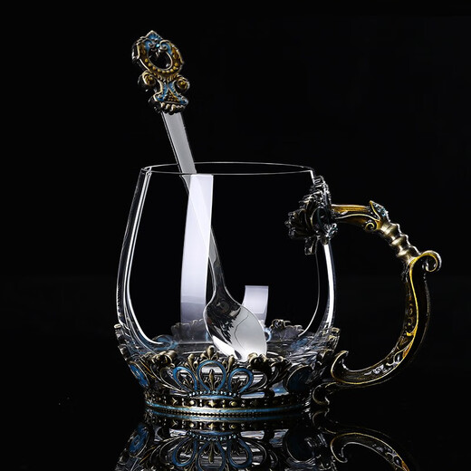 欧式皇冠珐琅彩水杯花茶杯套装创意轻奢茶杯玻璃杯ins风泡茶杯女 复古皇冠高矮对杯+珐琅勺+黄礼盒套装