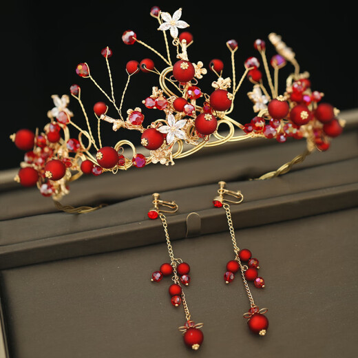 2020 New Bride Red Crown Tiara Hair Accessories Set Korean Fairy Atmosphere Wedding Dress Toast Clothing Accessories