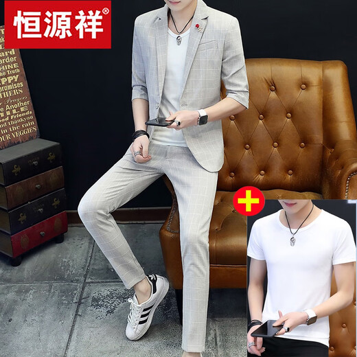 
Hengyuanxiang summer thin 7-quarter sleeve suit men's suit plaid casual Korean style slim-fit trendy handsome mid-sleeved small suit light gray 9901 mid-sleeved + nine-quarter trousers = 1 set 170/L