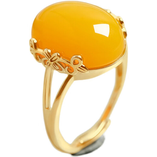 Fire clam beeswax ring chicken fat yellow old honey 925 silver plated 18K gold wine red blood amber amber ring natural chicken fat yellow + gold ring setting