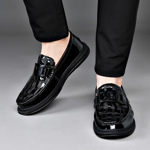 KEDUN Spring and Summer Peas Shoes Men's Genuine Leather Soft Sole Lazy Slip-on Men's Business Casual Leather Shoes Glossy Height-increasing Men's Shoes Black (Flat Heel) 42