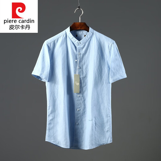 Pierre Cardin knitted high-count mercerized linen fabric cut-label Henry collar cotton and linen short-sleeved shirt for men's summer thin and breathable B3-0241 blue 38 90Jin Jin equals 0.5kg -110Jin Jin equals 0.5kg