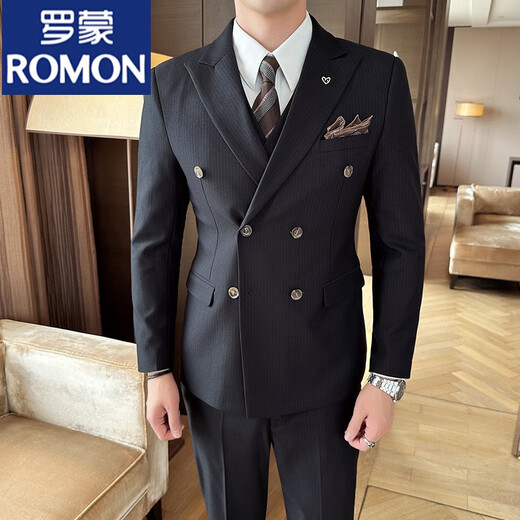 ROMON Business Slim Peaked Lapel Double-Breasted Suit Men's Commuting Casual Groom Wedding Dress Suit Three-piece Set Gray Blue Suit+Trousers (XL)