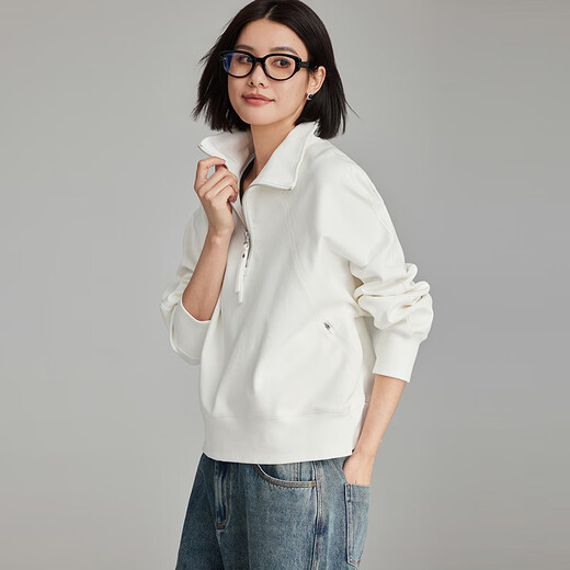 雲上生活【海川卫衣】肌理感翻领半拉链短款卫衣2024春秋上衣女V9214X 白色 S