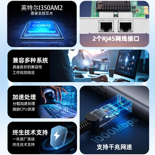 昆鱼（FLYBISH）NA350-T2M双口千兆PCI-E X1服务器网卡I350-T2（短板）机器视觉工业相机1000M网卡