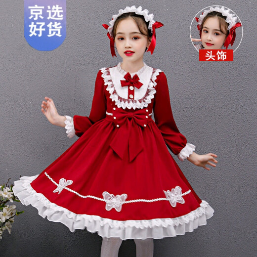 New autumn and winter products, children's Lolita princess dress for sweet and beautiful little girls aged 3-13, fashionable girls' autumn dress, Lolita skirt, little girl's dress 864 red + model's same hair accessories 110cm