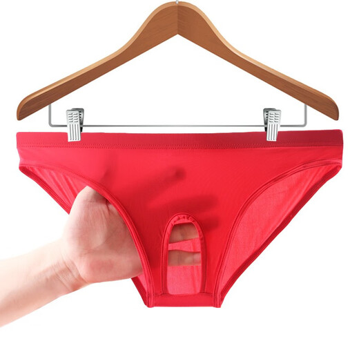 Men's sexy underwear, men's free thong, adult crotchless briefs, exposed balls, low waist, sexy hollow ice silk, white