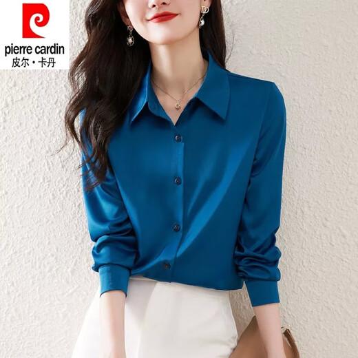 Pierre Cardin heavyweight acetate silk long-sleeved shirt for women 2026 spring and autumn new style versatile solid color mulberry silk shirt for women dark blue L 100-110Jin Jin equals 0.5 kg