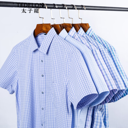 TEDELON short-sleeved shirt men's plaid square collar slim business formal wear iron-free casual shirt youth work bottoming shirt top T01105 light blue XL/40