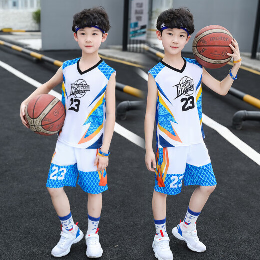 Children's Clothes Boys' Suits Summer Clothes 2020 New Children's Suits Basketball Uniforms Medium and Large Children's Fashion Sports Sleeveless Vest Shorts Two-piece Set Boys' Clothes 3-15 Years Old Xuanqixiu Blue 150 Sizes (Recommended Height 140cm)