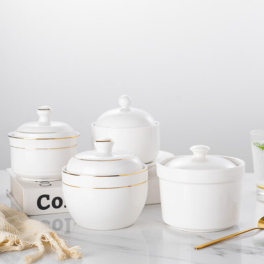 Jie Yajie ceramic bowl stew cup with lid, water-proof soup cup, steamed egg custard bird's nest cup, household single serving 4.5 inches pure white 400ml