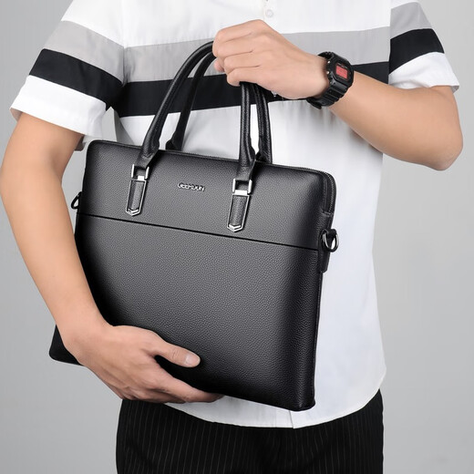 Gerbison business briefcase, men's genuine leather shoulder crossbody bag, first-layer cowhide, 14-inch notebook, large-capacity computer bag, commuter cross-section portable soft leather bag that can hold A4 files, black (first-layer cowhide)