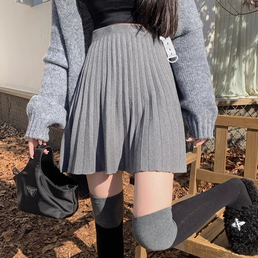 Red makeup Jumei high-waisted knitted pleated skirt autumn knitted skirt autumn winter short skirt pleated skirt spring autumn a-line skirt spring skirt gray pleated skirt one size one size