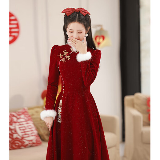 Lanka Roni Cheongsam Toast Wear Bride 2025 New Burgundy Winter Wedding Dress Women's Chinese Style Thick Style Engagement gs768 Burgundy Long Style M