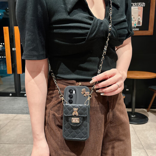 LUO LUOU OPPO RENO12 Крушение мобильного телефона Crossbody Shell Shell Reno12pro Chain Strap Silicone Shell Shell Case Case Bocke Cross Cross Diamond Main Card Card Card Anti -Fall Full Cover Soft Shell Model [White - Diamond Bear Bag Model] + Crossbody Lanyard + Screction Protector Oppo12 Reno12