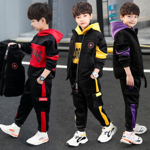 Prince Xuanxi children's clothing boys' suits autumn and winter three-piece sweatshirts 2020 new printed children's thickened and warm medium and large children's clothing boys' autumn and winter clothing jackets pants clothes red 150 (recommended height is about 140)