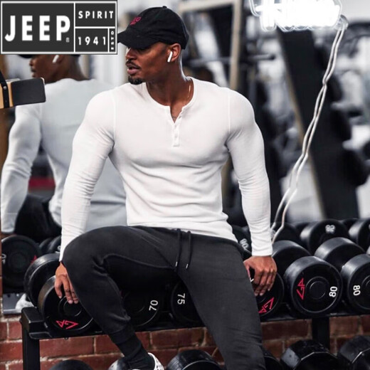 JEEP SPIRIT muscle fitness long-sleeved American Henry shirt bottoming shirt men's tough guy Henry collar T-shirt slim sports casual white (XL