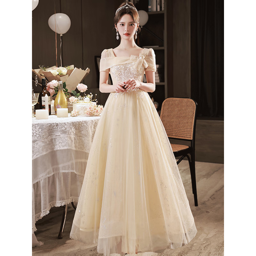 Maxbeth champagne color dress women's banquet evening dress 2025 new adult ceremony petite birthday niche high-end art test skirt champagne color mid-length M