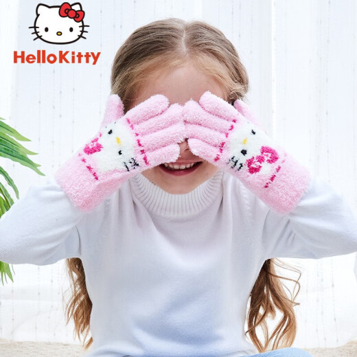 HelloKitty Hello Kitty imported from Taiwan children's wool gloves girls winter warm and cold windproof gloves for school coral velvet fabric finger gloves KC023 light pink 2~7 years old