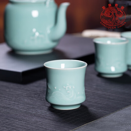 Longquan celadon large-capacity teapot teacup household one pot six-cup ceramic Kung Fu tea set gift box Diyao Tianqing including gift box