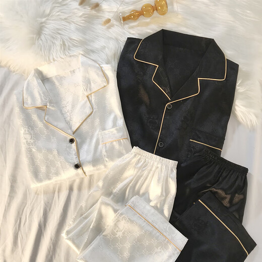 VALKIRIA couple pajamas for women in spring and autumn ice silk long-sleeved Internet celebrity checkered new large size men's home clothes set 736# jacquard checkered men's black and women's white male XL size recommended 120-140 Jin Jin equals 0.5 kg