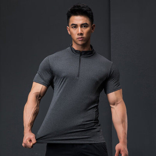 Lutie Dog Fitness Wear Short Sleeve Men's Stand Collar POLO Slim Fit Muscle Showing Quick Drying Breathable High Elasticity Coaching Wear T-Shirt Black XXXL