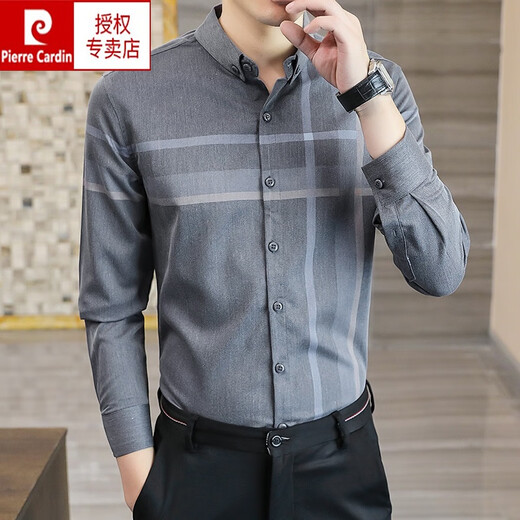 Pier Cardin Marke High-End-Herrenkleidung für Frühlings- und Herbst-Langarmhemden für Männer 2022 Neues koreanisches Geschäft Slim Casual Plaid Herrenhemd gestrickt 9901 Khaki 175