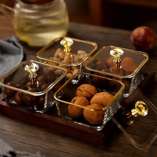 CRISTALGLASS new home living room fruit plate, coffee table, dried fruit plate, snack plate, storage box, snacks, dried fruits, nuts, candies, snack compartments, 6-grid tray + 6 gold-rimmed fruit plates with lids
