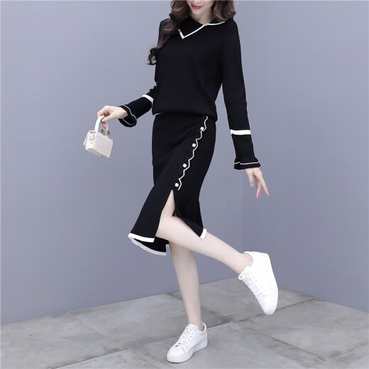 YuJue 2021 Autumn and Winter French First Love Little Fragrance Style Socialite Goddess Style Sweet Knitted Suit Skirt Two-piece Set Women SSDY8805 Black One Size