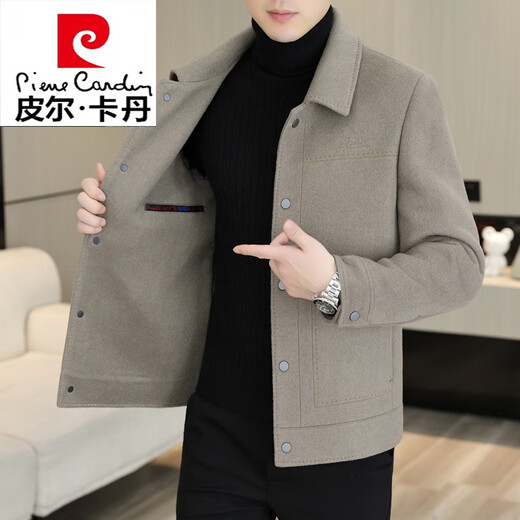 Pierre Cardin woolen jacket men's autumn and winter double-sided woolen jacket men's casual lapel thick woolen top short wool knitted double-sided woolen B2308 gray 2XL (135-150Jin Jin equals 0.5 kg)
