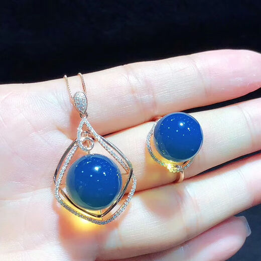Dominican blue amber pendant, pure water-free blue amber necklace ring, amber beeswax set, 925 silver plated 18K female (pendant + ring) set