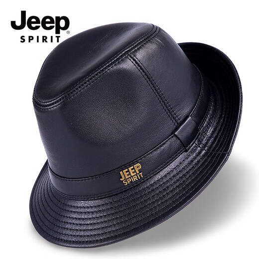 JEEP SPIRIT Genuine Leather Hat Men's Autumn and Winter Jazz Hats for Middle-aged and Elderly Cowhide Gentleman Hats Shanghai Beach Hats Outdoor Dad Hats Sheepskin Black Medium Size XL (57-58cm)