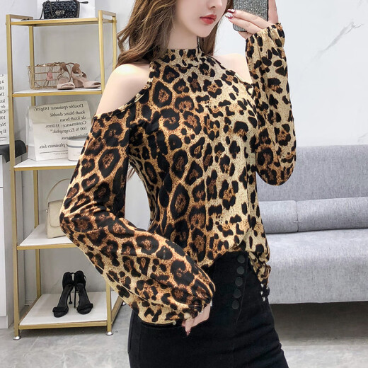 [Fashion New Products] Autumn new fashion off-shoulder sexy leopard print long-sleeved half turtleneck bottoming shirt T-shirt women's trendy picture color S