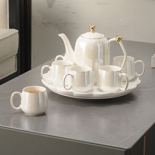 Ruishun light luxury high-end tea set new water cup household living room tea cup housewarming gift Pearlescent Golden Bear Tea Set (6 cups 1 pot 1 tray) gift box